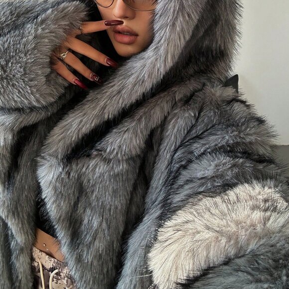 Dark Grey Fluffy Women's Plus Size Long Sleeve Hooded Furry Coat - Picture 3 of 8